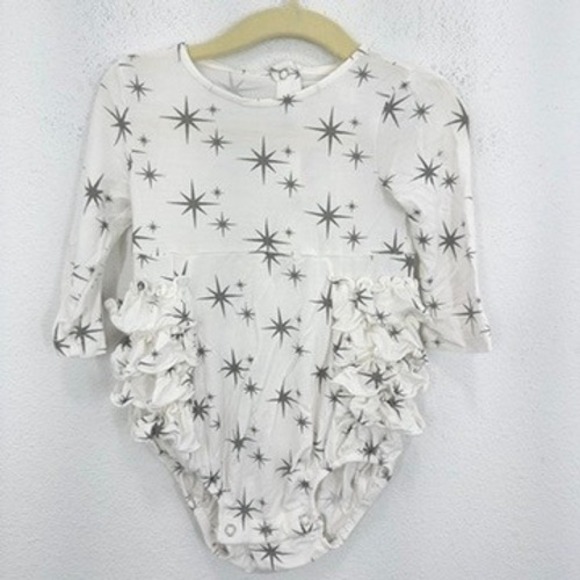 Kate Quinn Baby Girl Bamboo Romper 6-12M White Star Print Ruffles Long Sleeve - Picture 1 of 5